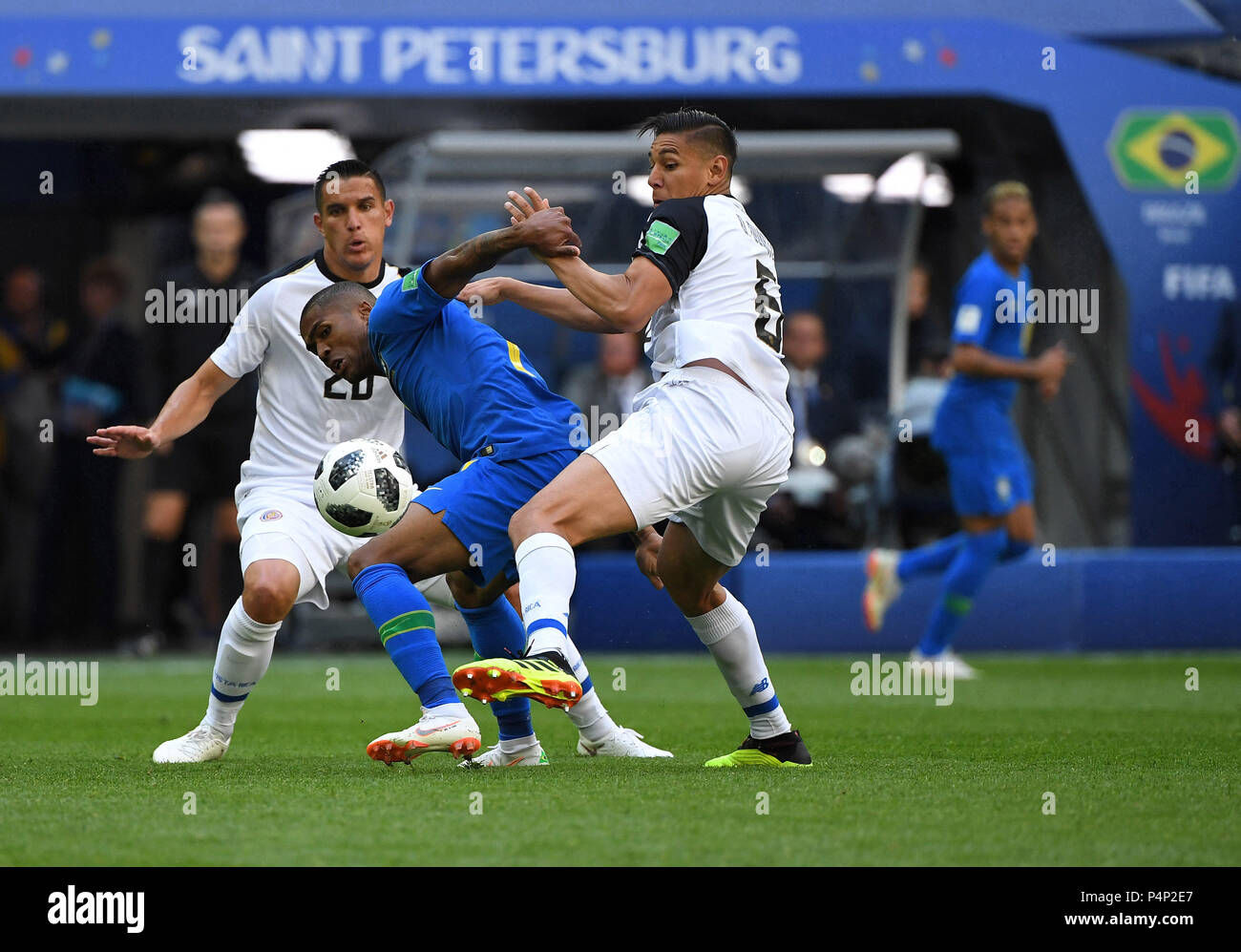 St. Petersburg, Russia. 22nd June, 2018. Russia, St. Petersburg, on June 22, 2018. 2018 FIFA World Cup Russia. The match of the group stage of the FIFA World Cup - 2018 between national teams of Brazil and Costa Rica. In the picture: the player of Brazil Douglas Costa and the player Costa - Ricky David Gusman, Oscar Duarte. Credit: Andrey Pronin/ZUMA Wire/Alamy Live News Stock Photo