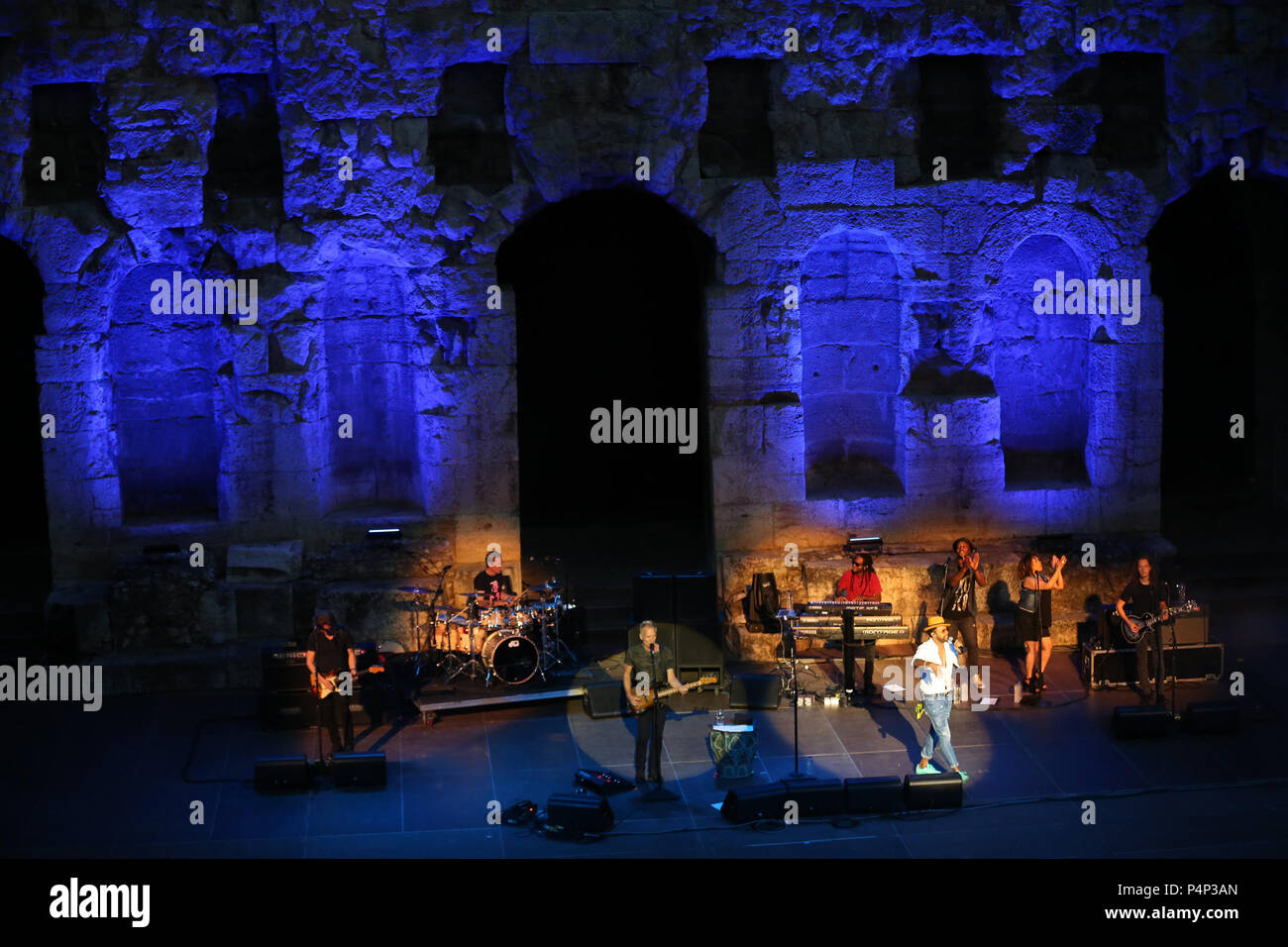 Athens, Greece. 22nd June, 2018. British singer Sting performs during his  solo concert at Odeon of Herodes Atticus under Acropolis foot in Athens,  Greece, June 22, 2018. Sting's concert is part of