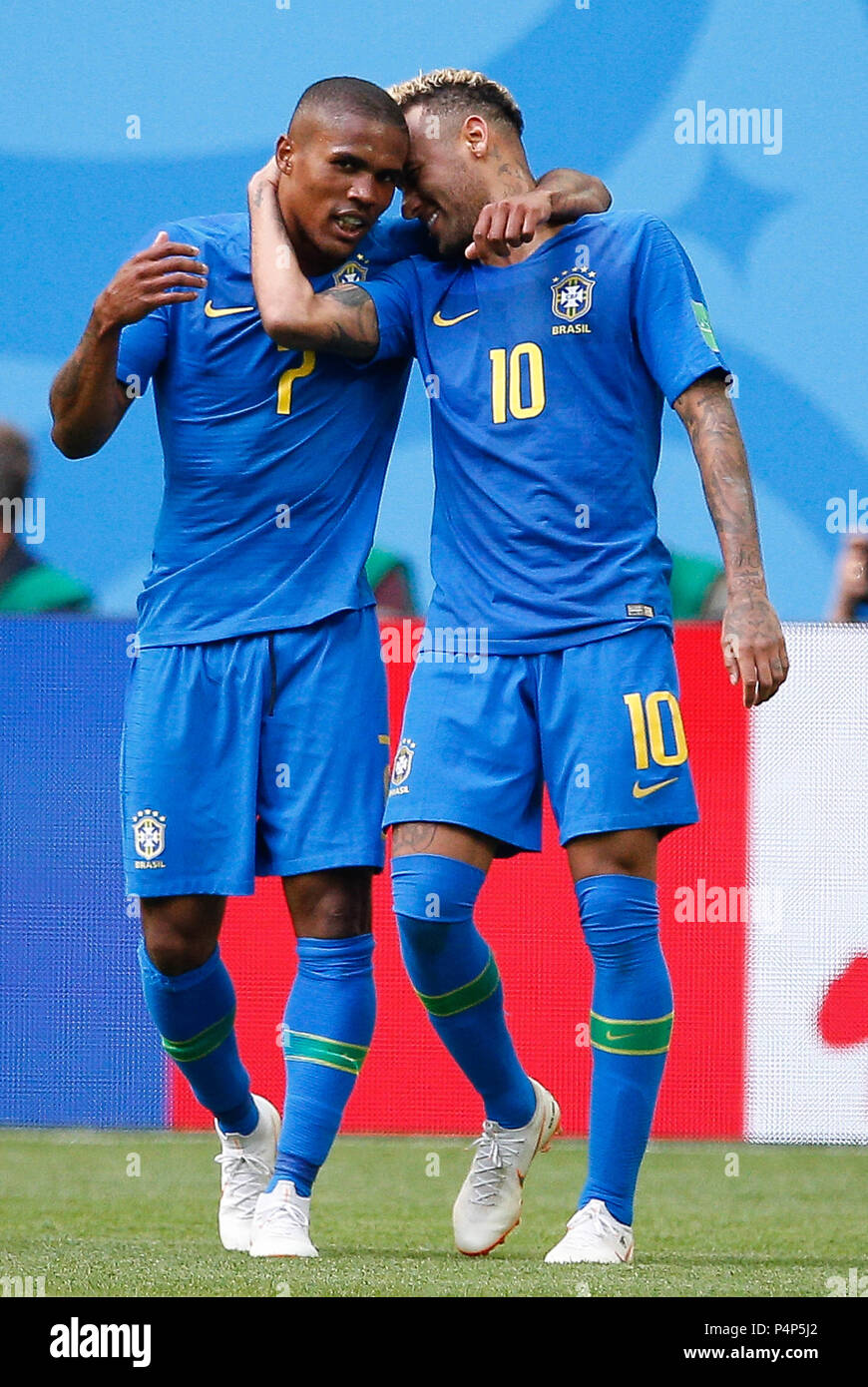 Douglas Costa and Neymar Jr. of Brazil celebrate after Neymar Jr.s  goal during Brazil-Costa Rica match valid for the second round of group E  of the 2018 World Cup held at thestovsky