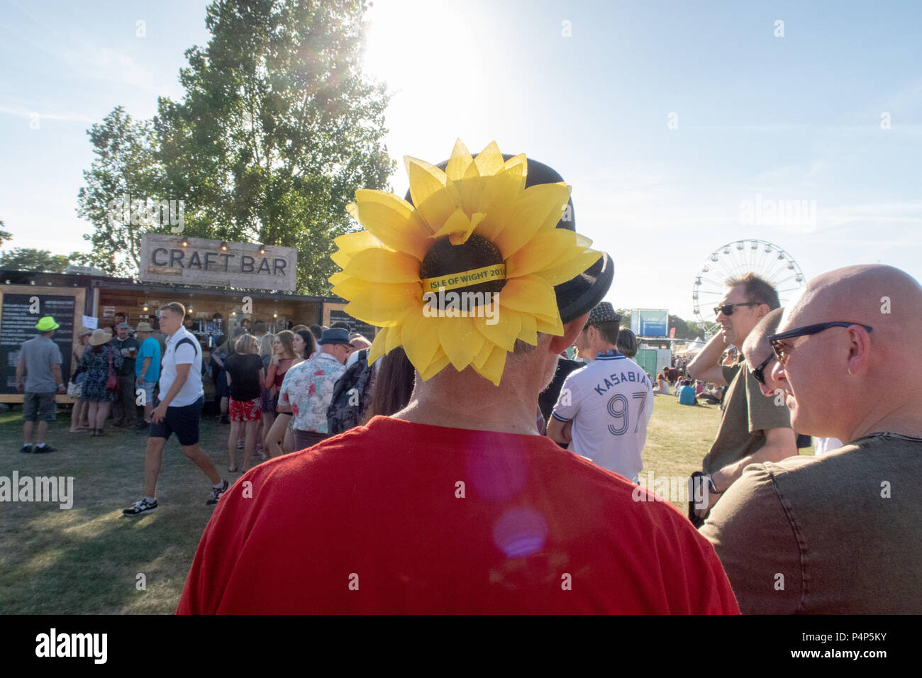 Newport, Isle of Wight, England. 22nd June, 2018. Revellers at the Isle of Wight Music Festival on day 2 wearing sunflowers to show support for the Earl Mountbatten Hospice charity, Newport, IOW. Credit: Milton Cogheil/Alamy Live News Stock Photo