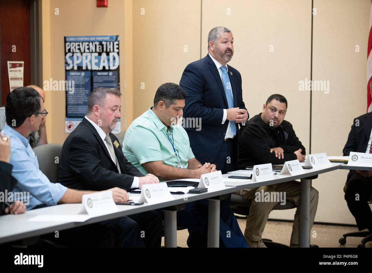 Henry Lucero, field director of ICE Enforcement and Removal Operations, speaks as federal and Texas officials and stakeholders meet in a roundtable discussion of the immigration crisis hitting the Texas-Mexico border. Confusion and public outrage reigned regarding the Trump administration's policy of separating undocumented immigrant parents from their children after crossing into the U.S. from Mexico. Stock Photo