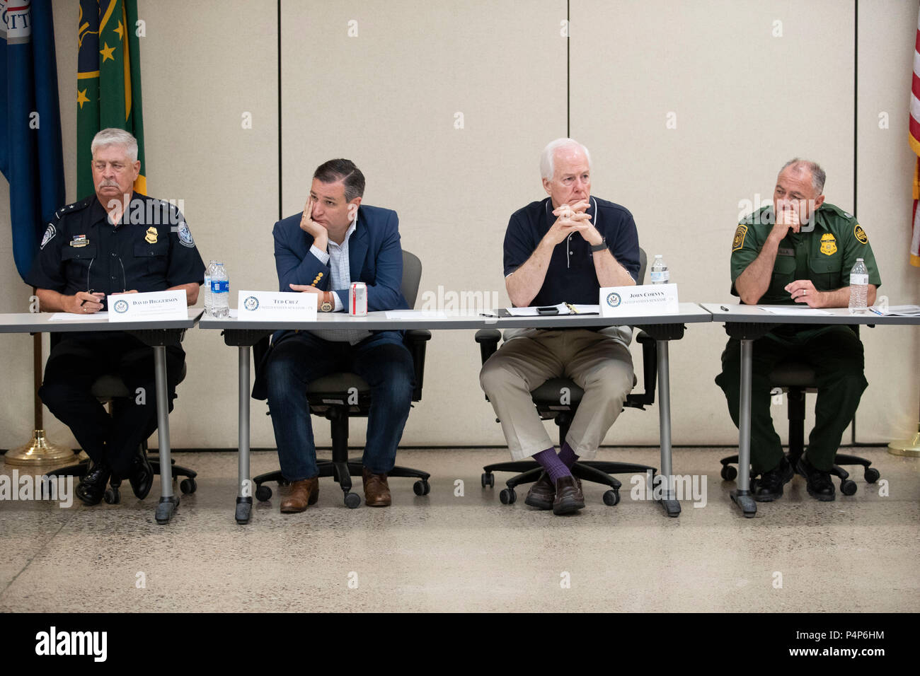 U.S. Senators Ted Cruz and John Cornyn listen as federal and Texas officials and stakeholders meet in a round-table discussion of the immigration crisis hitting the Texas-Mexico border. Confusion and public outrage reigned regarding the Trump administration's policy of separating undocumented immigrant parents from their children after crossing into the U.S. from Mexico. Stock Photo