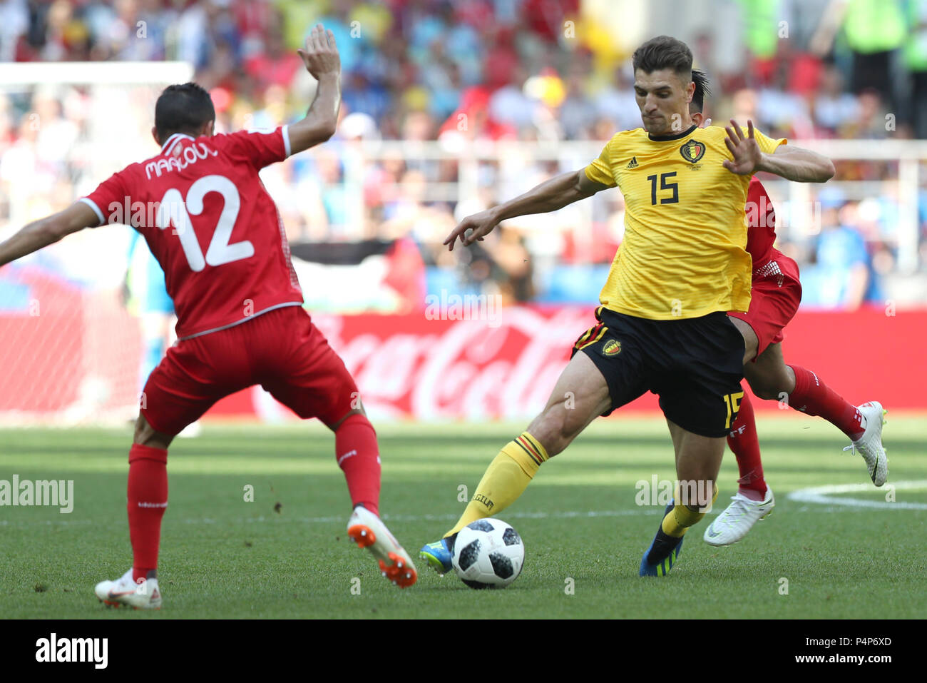 Moscow, Russia. 23rd June, 2018. Thomas Meunier (R) of Belgium competes during the 2018 FIFA World Cup Group G match between Belgium and Tunisia in Moscow, Russia, June 23, 2018. Credit: Xu Zijian/Xinhua/Alamy Live News Stock Photo