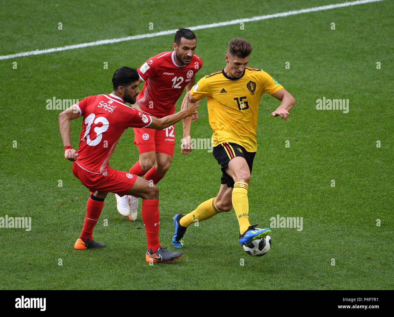 Moscow, Russia. 23rd June, 2018. Thomas Meunier (R) of Belgium breaks through with the ball during the 2018 FIFA World Cup Group G match between Belgium and Tunisia in Moscow, Russia, June 23, 2018. Credit: Wang Yuguo/Xinhua/Alamy Live News Stock Photo