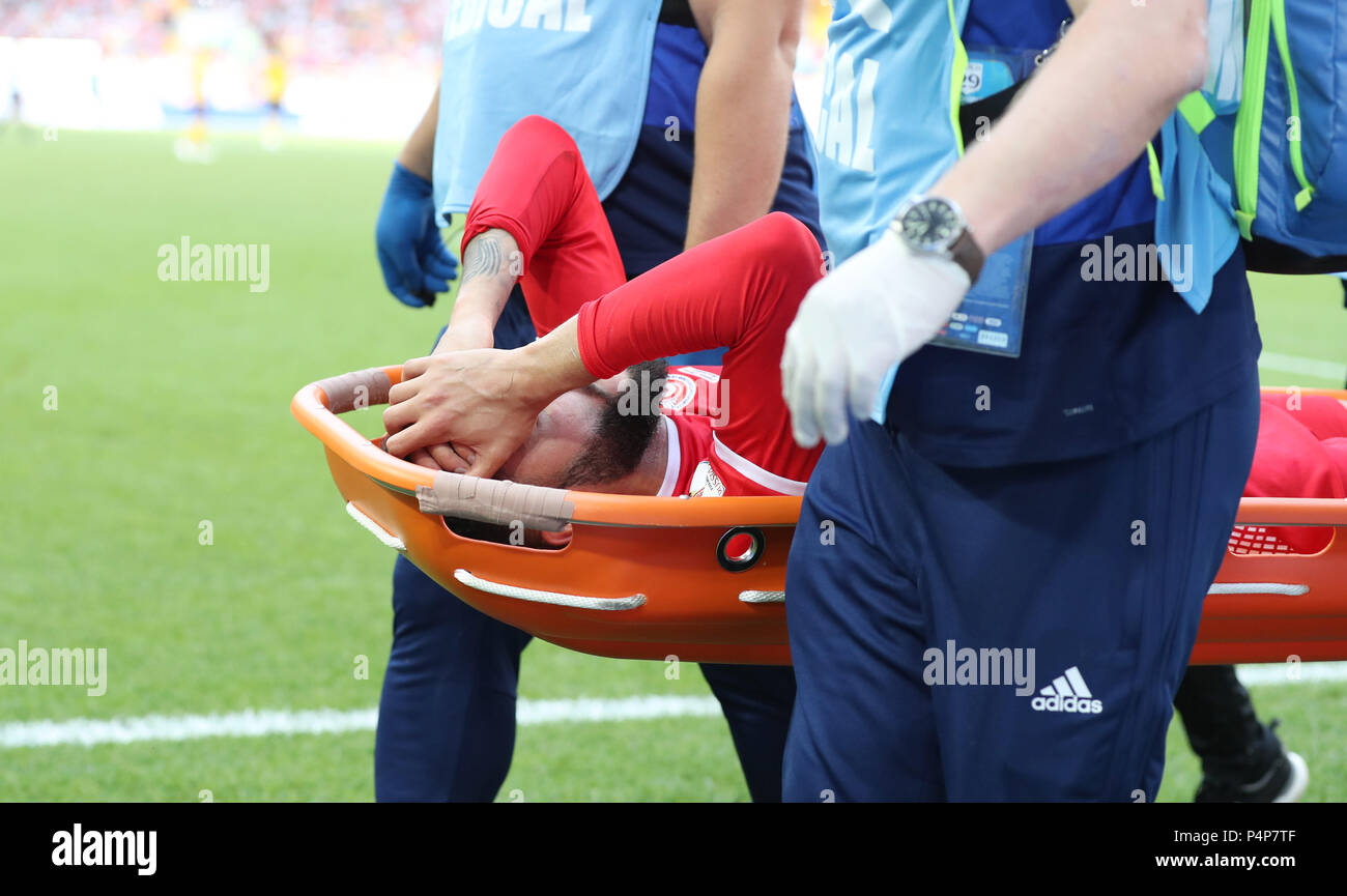 Moscow, Russia. 23rd June, 2018. Dylan Bronn of Tunisia is carried out of the pitch after his injury during the 2018 FIFA World Cup Group G match between Belgium and Tunisia in Moscow, Russia, June 23, 2018. Credit: Xu Zijian/Xinhua/Alamy Live News Stock Photo