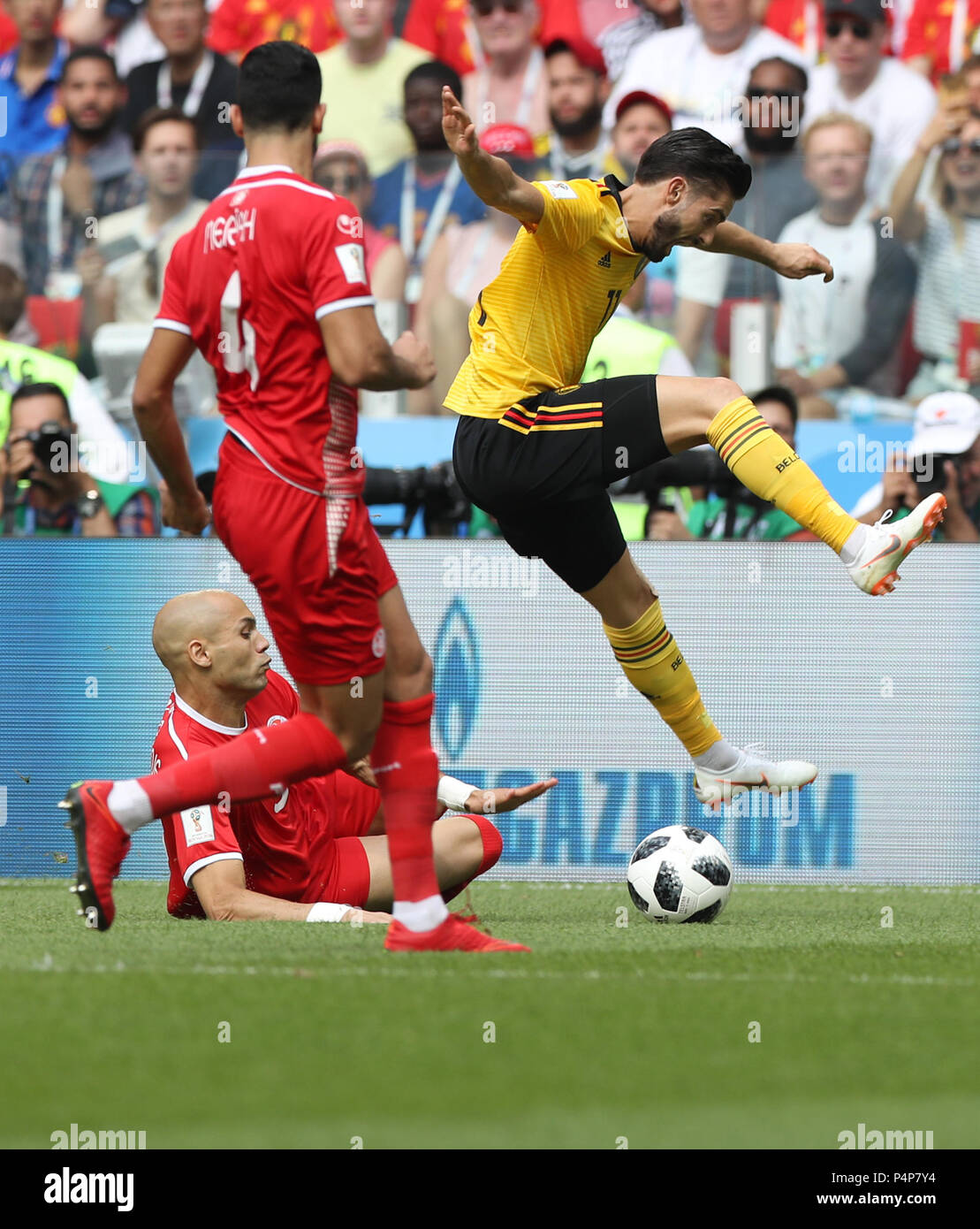 Moscow, Russia. 23rd June, 2018. Yannick Carrasco (R) of Belgium competes during the 2018 FIFA World Cup Group G match between Belgium and Tunisia in Moscow, Russia, June 23, 2018. Credit: Xu Zijian/Xinhua/Alamy Live News Stock Photo