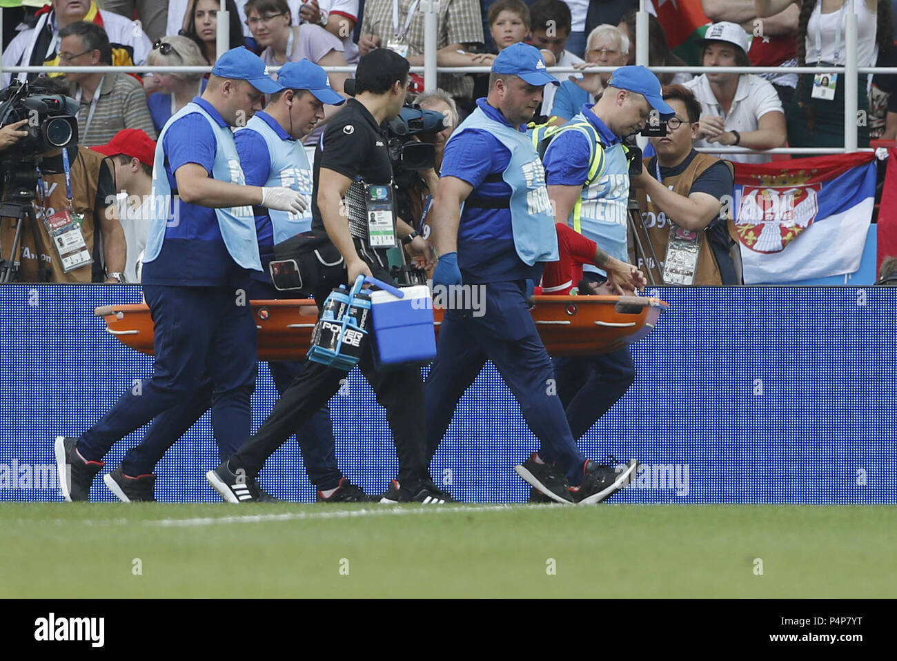 Moscow, Russia. 23rd June, 2018. Dylan Bronn of Tunisia is carried out of the pitch after his injury during the 2018 FIFA World Cup Group G match between Belgium and Tunisia in Moscow, Russia, June 23, 2018. Credit: Cao Can/Xinhua/Alamy Live News Stock Photo