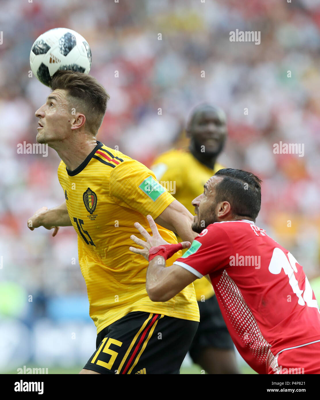 Moscow, Russia. 23rd June, 2018. Thomas Meunier (L) of Belgium competes for a header during the 2018 FIFA World Cup Group G match between Belgium and Tunisia in Moscow, Russia, June 23, 2018. Credit: Xu Zijian/Xinhua/Alamy Live News Stock Photo