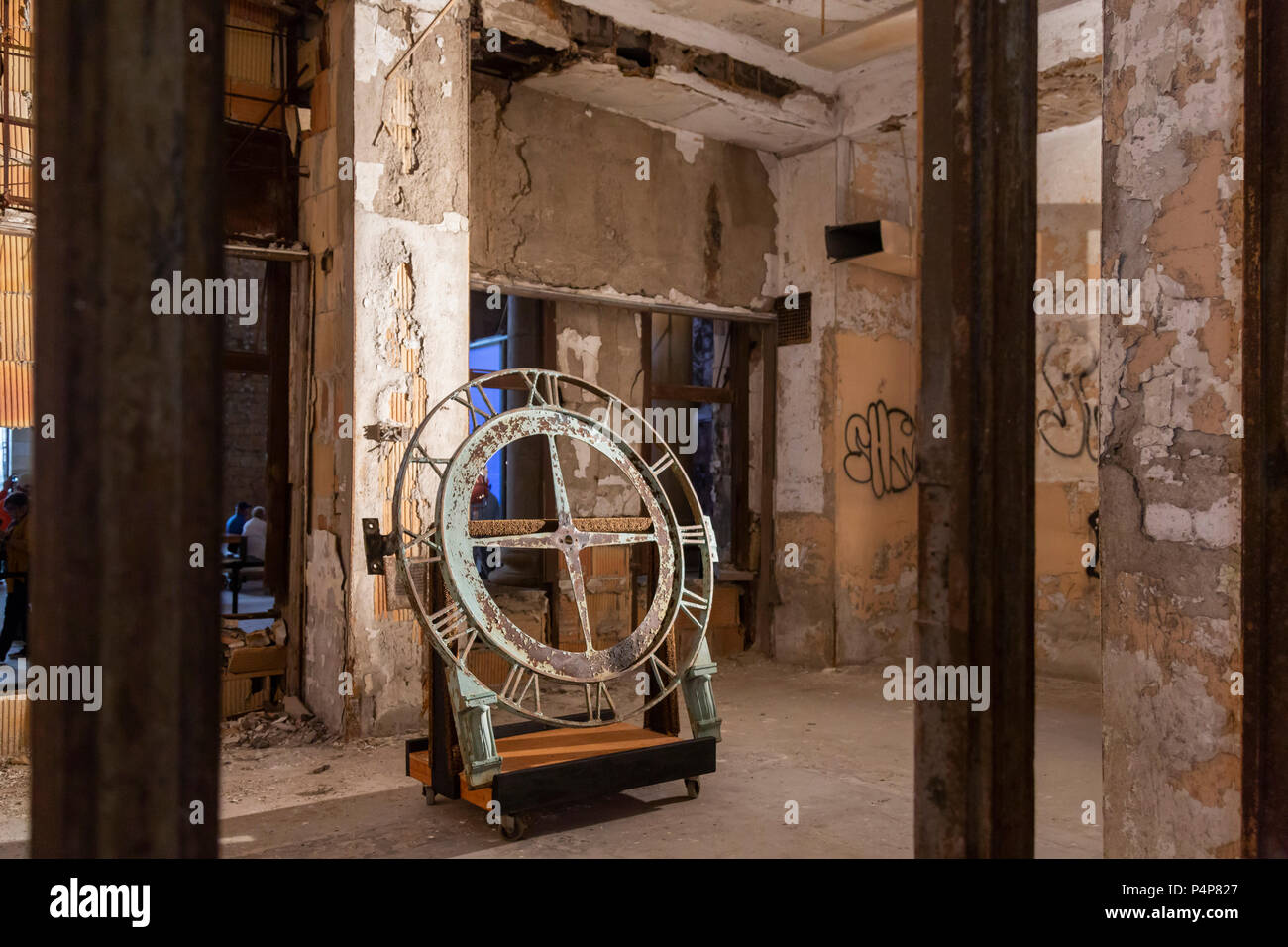 Detroit, Michigan USA - 22 June 2018 - A long-missing clock from the Michigan Central railroad station. The 100-year-old Beaux-Arts station was neglected and vandalized after the last train left in 1988. The clock was anonymously returned after the building was purchased by Ford Motor Co. Credit: Jim West/Alamy Live News Stock Photo