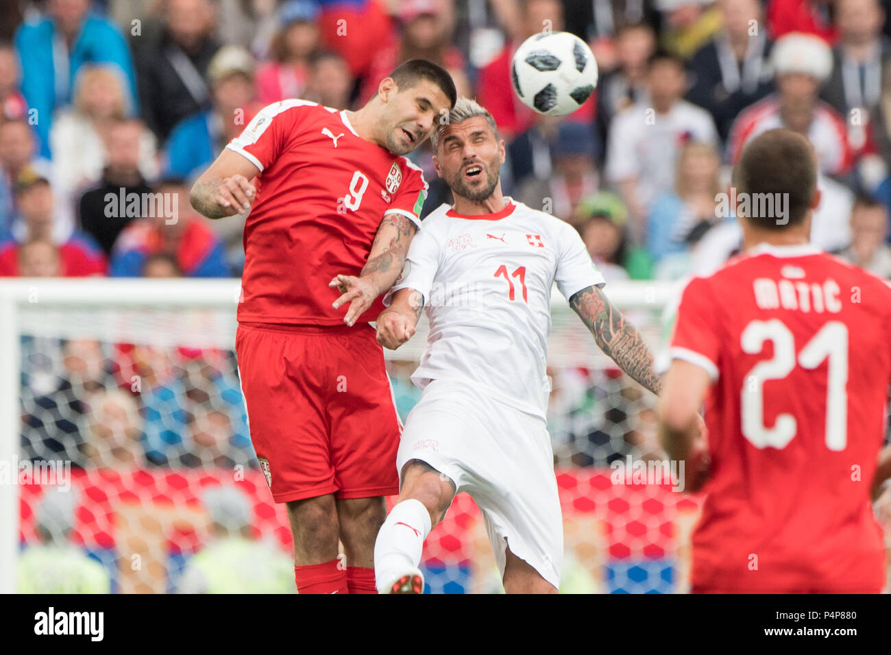 Kaliningrad, Russland. 22nd June, 2018.Kaliningrad, Russland. 22nd June, 2018. Aleksandar MITROVIC (left, SRB) versus Valon BEHRAMI (SUI), Action, duels, Serbia (SRB) - Switzerland (SUI) 1: 2, Preliminary Round, Group E, Match 26, on 22.06.2018 in Kaliningrad; Football World Cup 2018 in Russia from 14.06. - 15.07.2018. | usage worldwide Credit: dpa/Alamy Live News Credit: dpa picture alliance/Alamy Live News Stock Photo