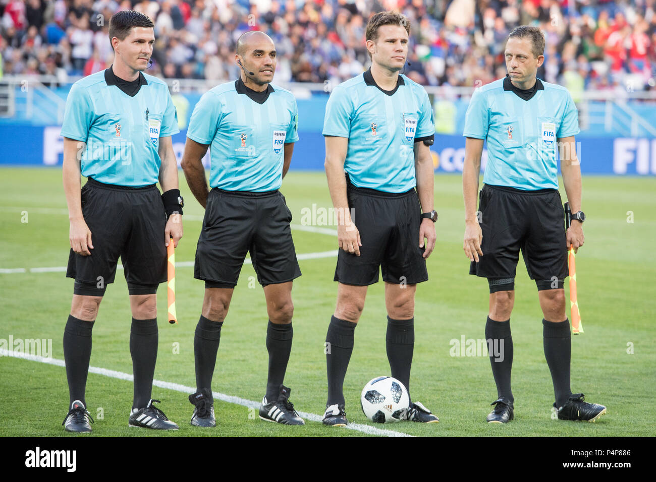 Kaliningrad, Russland. 22nd June, 2018.The referee team, left to rightn.r. Stefan LUPP (GER), Jo FERNANDES (GER), Felix BRYCH (GER), Mark BORSCH (GER), Full figure, Landscape, Serbia (SRB) - Switzerland (SUI) 1: 2, Preliminary Round, Group E, Game 26, on the 22.06.2018 in Kaliningrad; Football World Cup 2018 in Russia from 14.06. - 15.07.2018. | usage worldwide Credit: dpa picture alliance/Alamy Live News Stock Photo