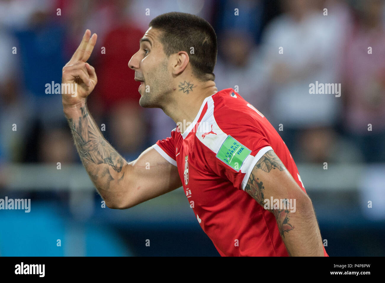 Kaliningrad, Russland. 23rd June, 2018. Aleksandar MITROVIC (SRB) shows twice, gesture, gesture, frustrated, frustrated, late, half figure, half figure, angry, angry, angry, anger, Serbia (SRB) - Switzerland (SUI) 1: 2, preliminary round, group E, Game 26, on the 22.06.2018 in Kaliningrad; Football World Cup 2018 in Russia from 14.06. - 15.07.2018. | usage worldwide Credit: dpa/Alamy Live News Stock Photo