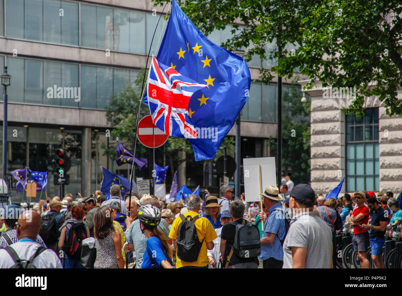London, UK. 23rd June 2018. EU and Union Jack at the People's Right to Vote March Credit: Alex Cavendish/Alamy Live News Stock Photo