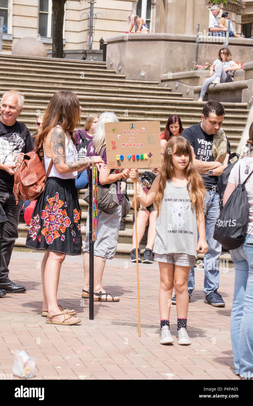 Birmingham, England, UK, 23rd June 2018. A Vegan rally in Birmingham city centre, people of all ages gather to protest about the killing of animals for food and calling for the closure of all slaughter houses. Stock Photo