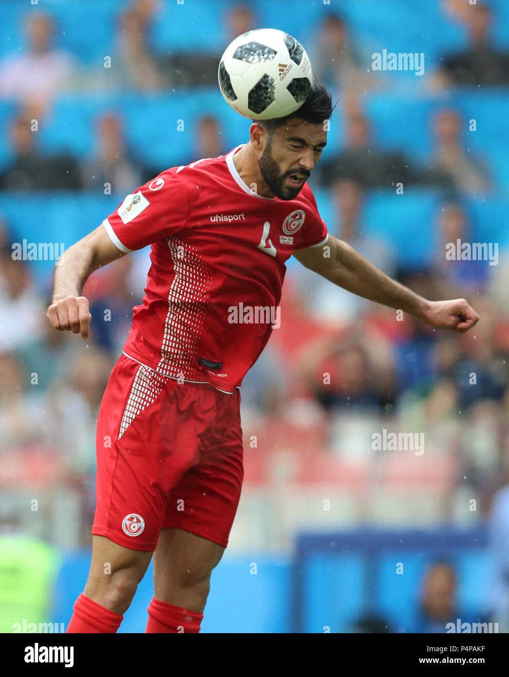 Moscow, Russia. 23rd June, 2018. Yassine Meriah of Tunisia competes for a header during the 2018 FIFA World Cup Group G match between Belgium and Tunisia in Moscow, Russia, June 23, 2018. Belgium won 5-2. Credit: Yang Lei/Xinhua/Alamy Live News Stock Photo