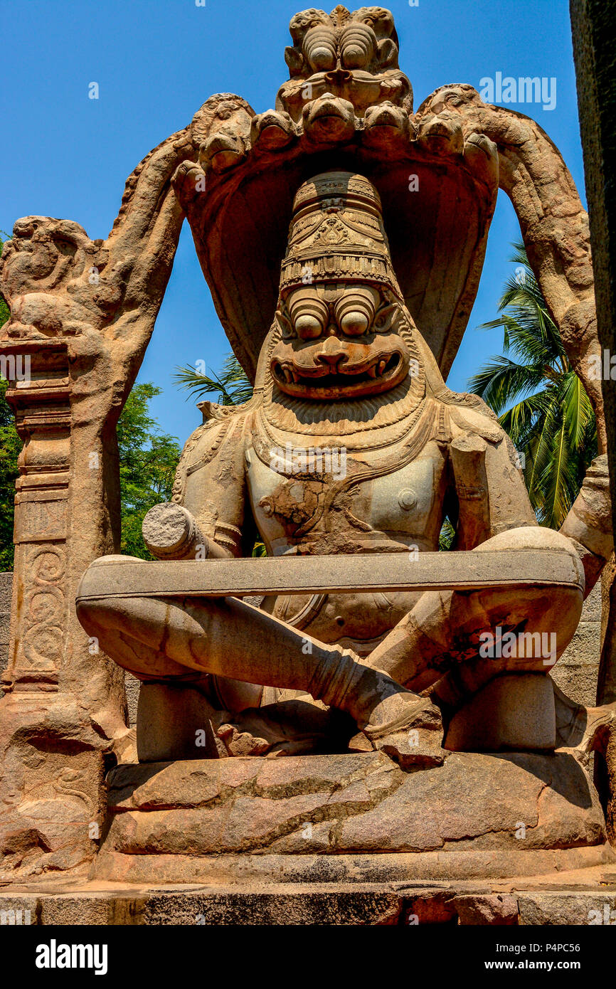 Narasimha monolithic stone sculpture Hampi Karnataka, India Stock Photo