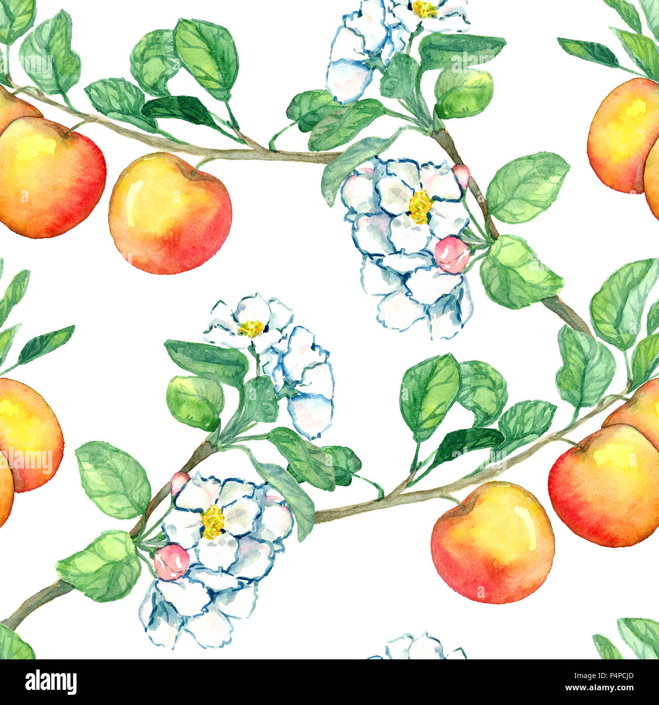 Apples branch with flowers and fruits, seamless pattern design hand ...