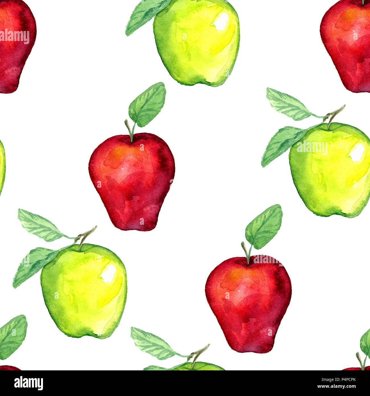 Green and red apples with leaves, seamless pattern design hand painted ...