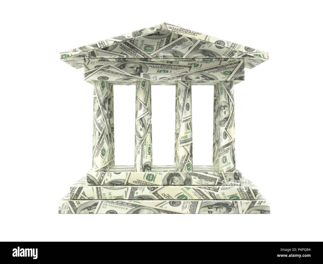 3D render of Bank columnar structure wrapped around with one hundred US dollars banknotes Stock Photo