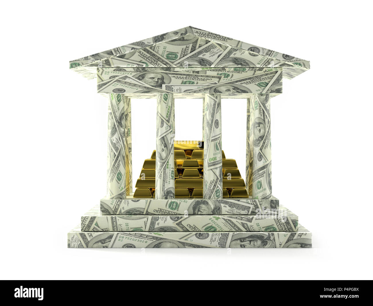 3D render of Bank columnar structure wrapped around with one hundred US dollars banknotes and pile of golden ingots Stock Photo