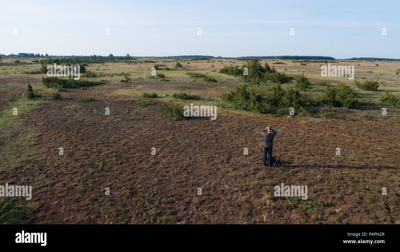 Person (male) looking for birds through binoculars at Store Alvaret (the Great Alvar) on Öland in Sweden. Stock Photo