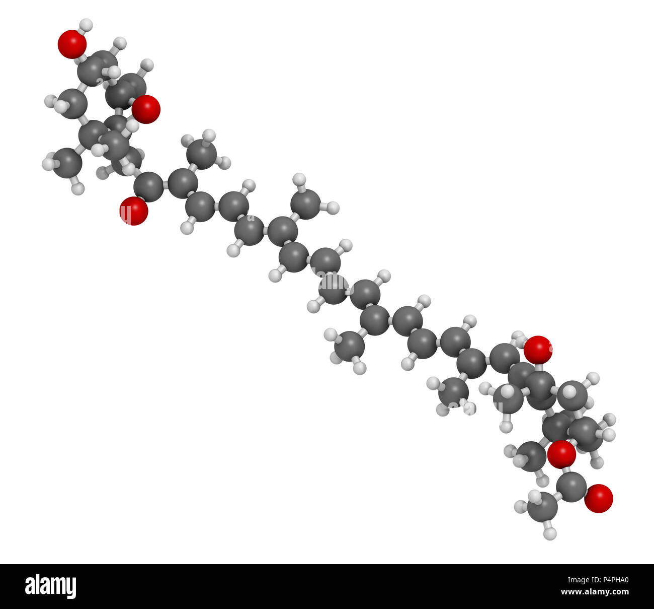 Fucoxanthin brown algae pigment molecule. Ingredient of some dietary supplements. 3D rendering. Atoms are represented as spheres with conventional col Stock Photo