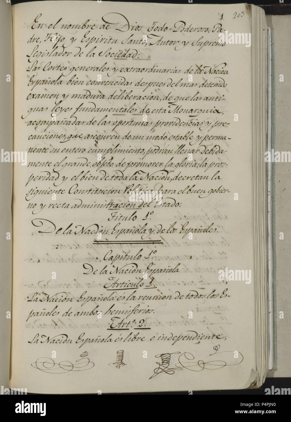 CONSTITUCION POLITICA DE LA MONARQUIA ESPAÑOLA 1812 - PAGINA 1. Location: CONGRESO DE LOS DIPUTADOS-BIBLIOTECA, MADRID, SPAIN. Stock Photo