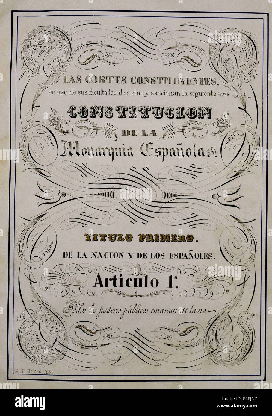 CONSTITUCION 1856-1ªPAGINA-TITULO PRIMERO-ARTICULO 1º. Location: CONGRESO DE LOS DIPUTADOS-BIBLIOTECA, MADRID, SPAIN. Stock Photo