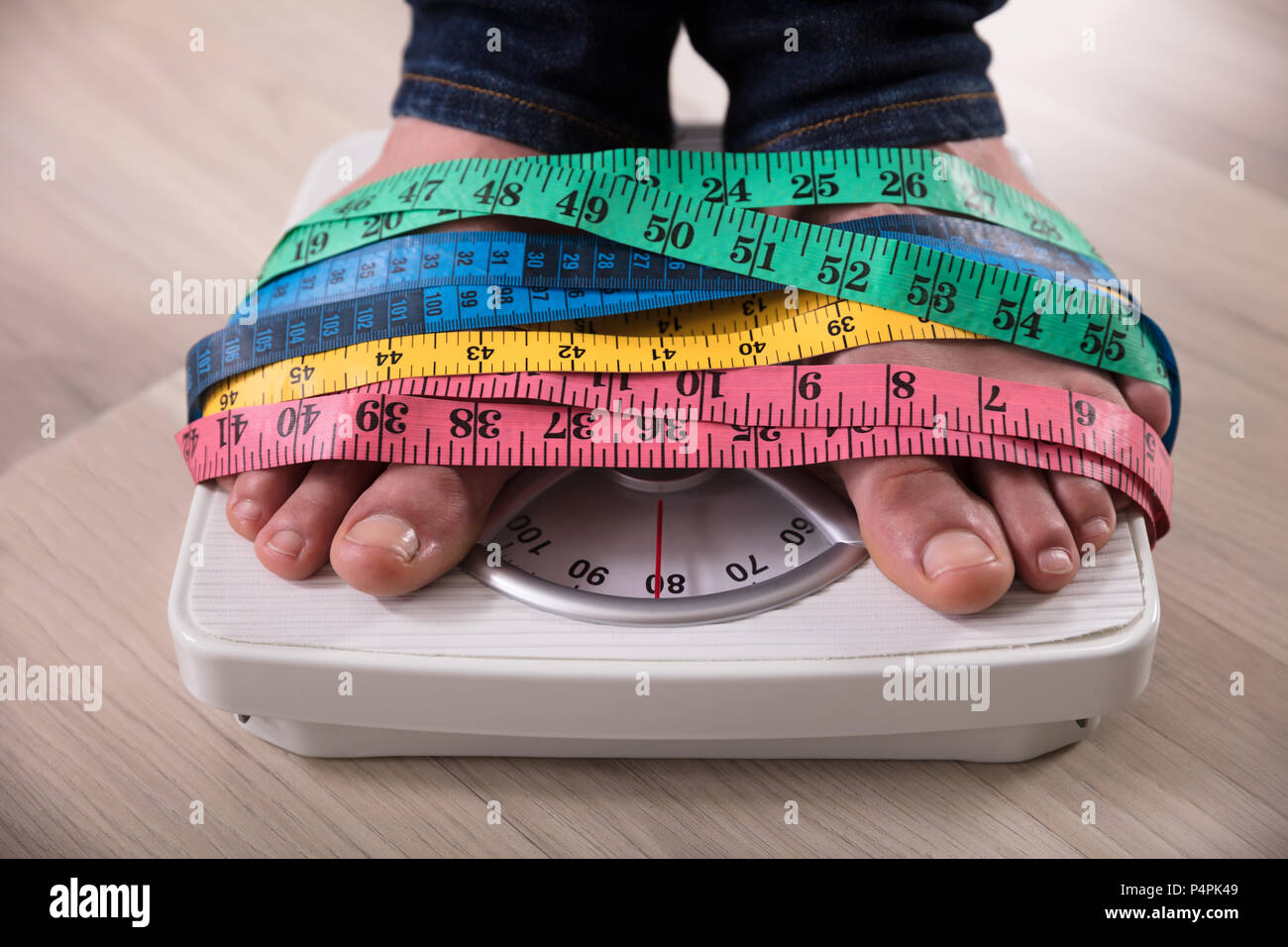 Closeup Of A Person's Feet On Weight Scale Wrapped With Multi Colored