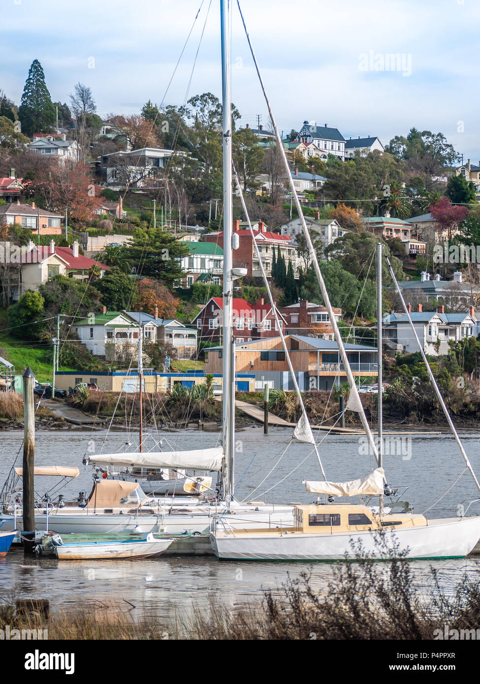 Boats on River Tamar and suburban residential houses on hill in Trevallyn -- a suburb in Launceston, Tasmania Australia Stock Photo