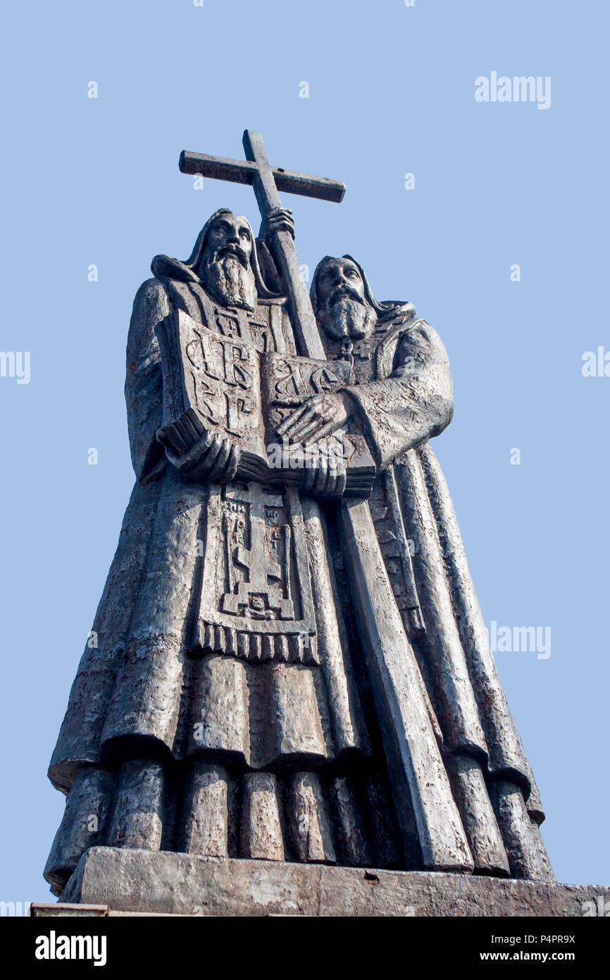 Monument to St. Cyril and St. Methodius in Russia, Vladivostok. They are credited with devising the Glagolitic alphabet. Isolated view. Stock Photo