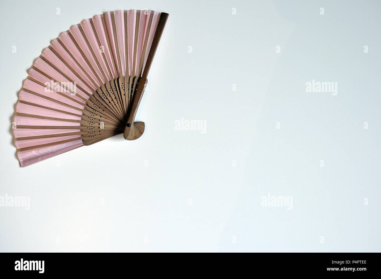 Pink fan on the up left corner on white background, flat lay, copy space, minimalist style Stock Photo