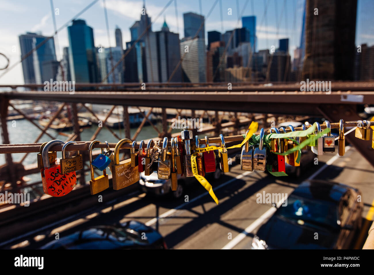 Spring April 2015 Love lock on Brooklyn Bridge, New York United States Stock Photo