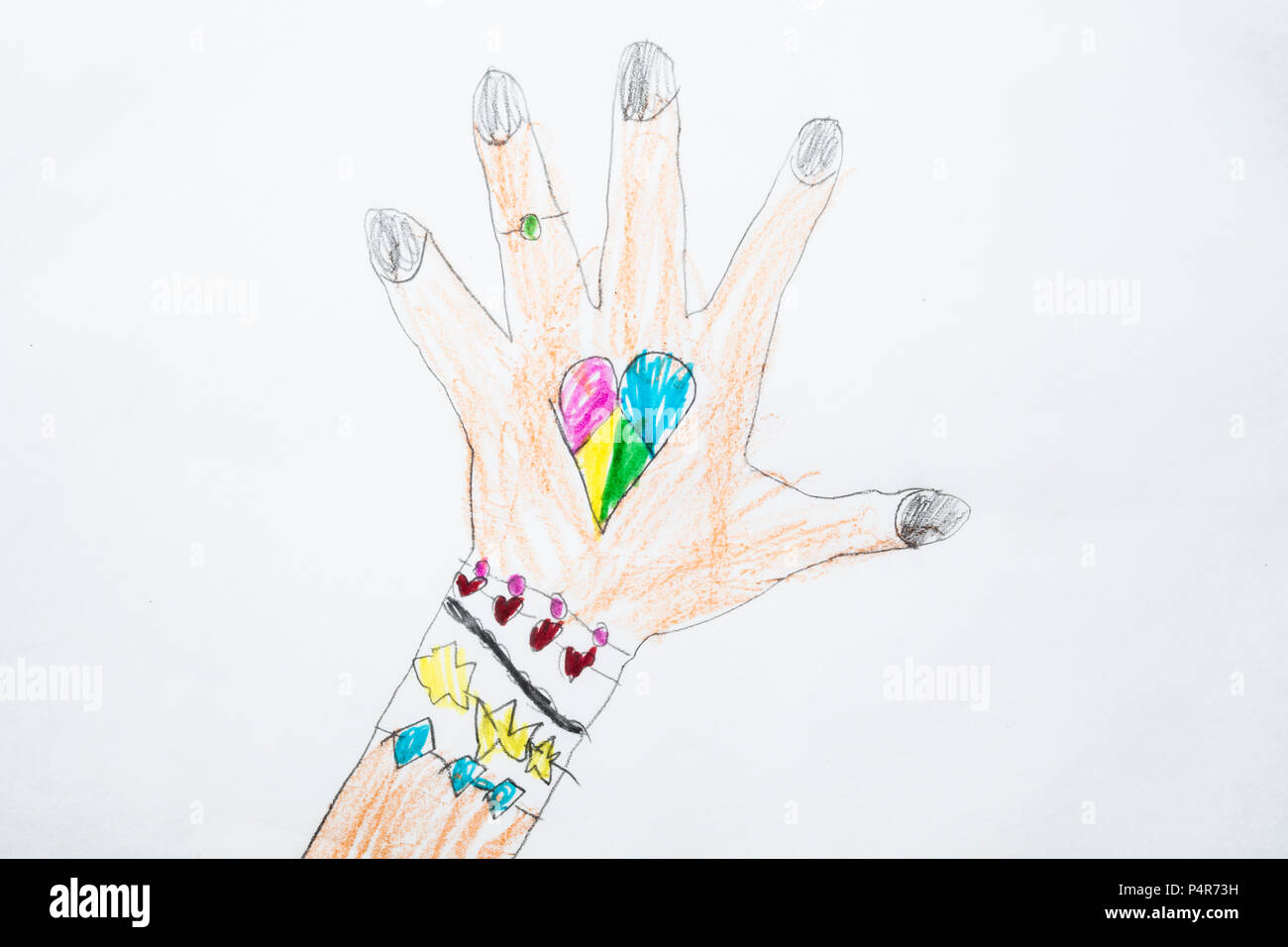 Colorful kid's drawing of a kid's hand with heart shape tattoo Stock Photo  - Alamy
