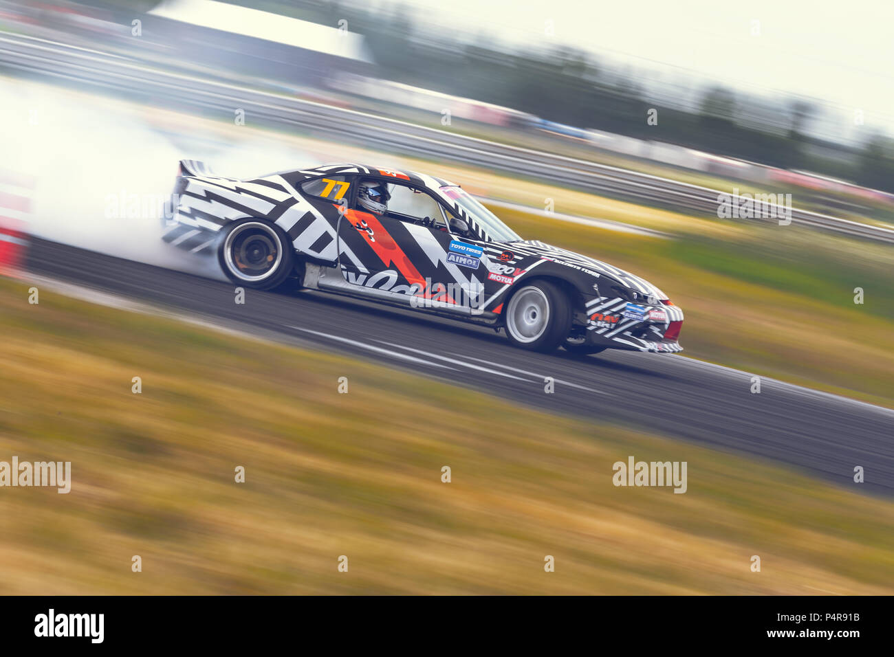AutodromSpb, Saint-Petersburg, Russia - August 15, 2018: Powerful race car drifting on speed track during First Stage of Russian Drift Series West Stock Photo