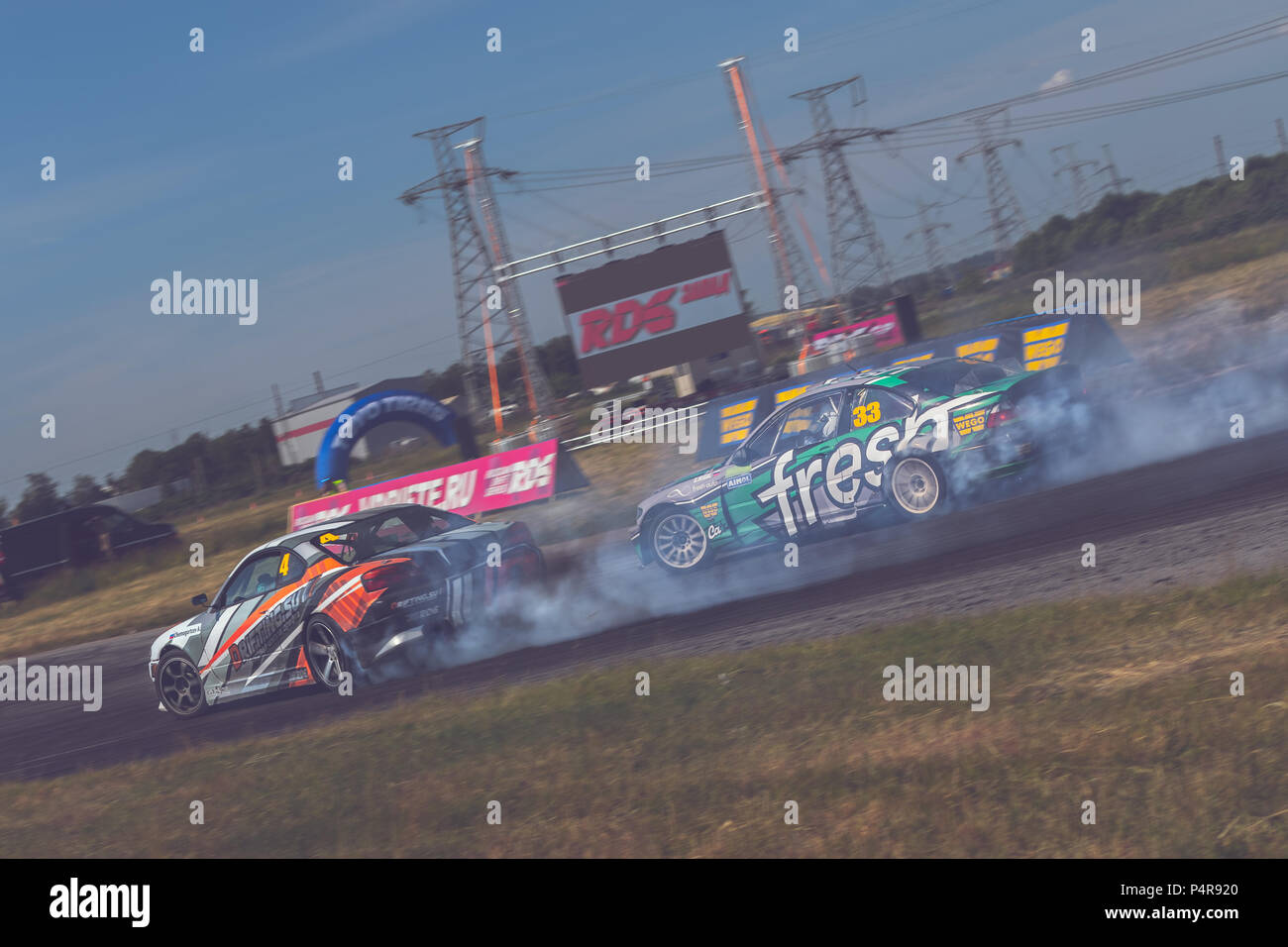 AutodromSpb, Saint-Petersburg, Russia - August 16, 2018: Powerful race car drifting on speed track during First Stage of Russian Drift Series West Stock Photo