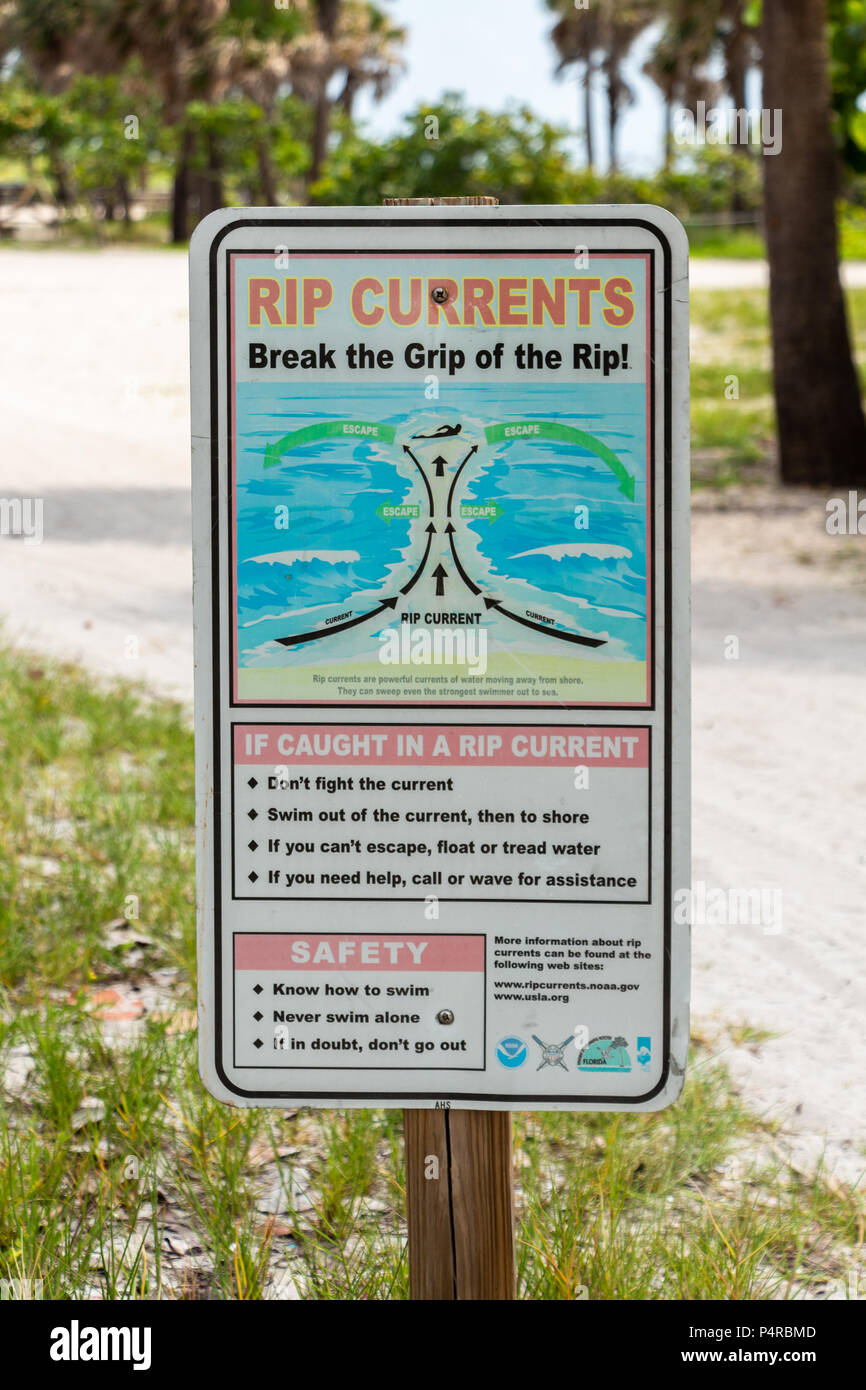 Rip current safety warning sign - Dania Beach, Florida, USA Stock Photo