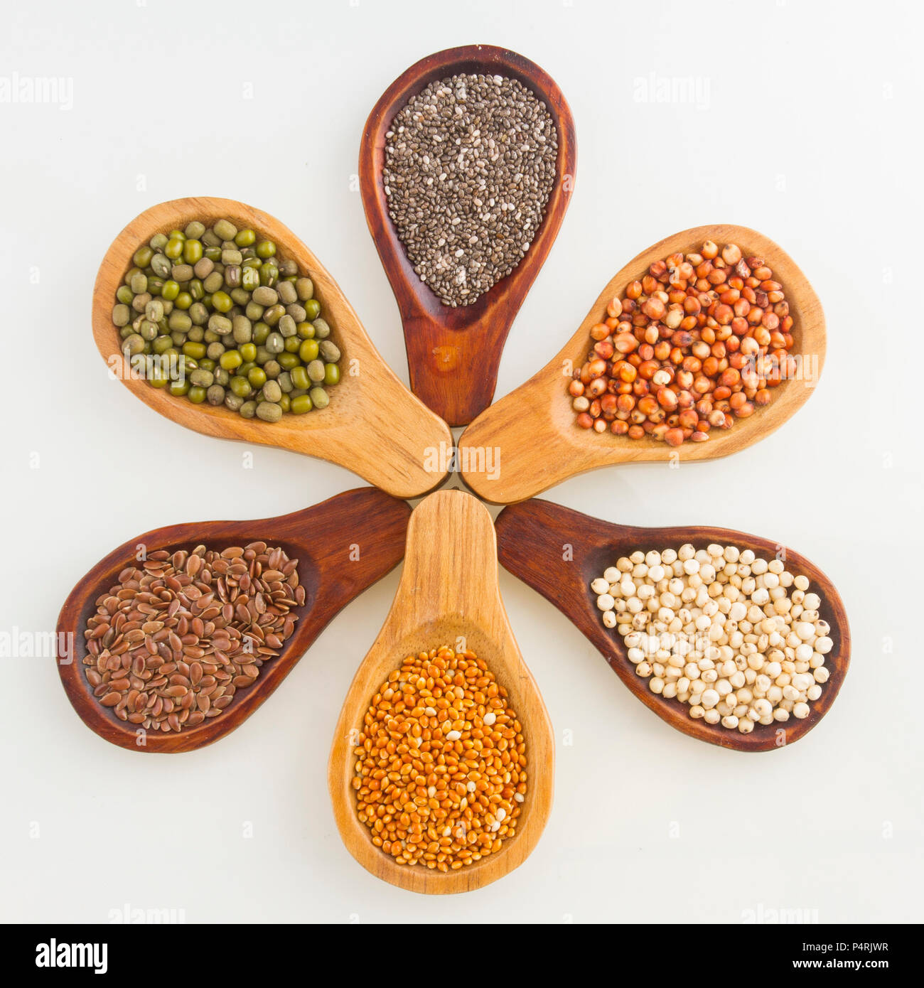 wooden spoons with assorted grains of super foods, gluten free Stock