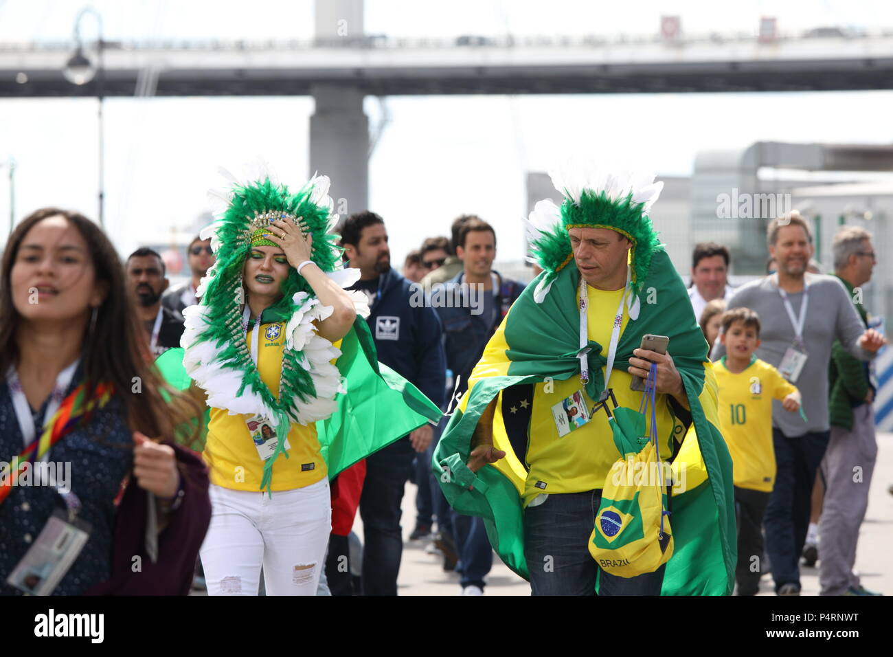 St. Petersburg, Russia - June 22, 2018: Brazilian football fans going to the Saint Petersburg stadium to support their team in the match of FIFA World Stock Photo