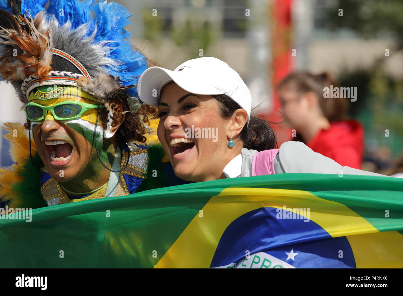 St. Petersburg, Russia - June 22, 2018: Brazilian football fans going to the Saint Petersburg stadium to support their team in the match of FIFA World Stock Photo