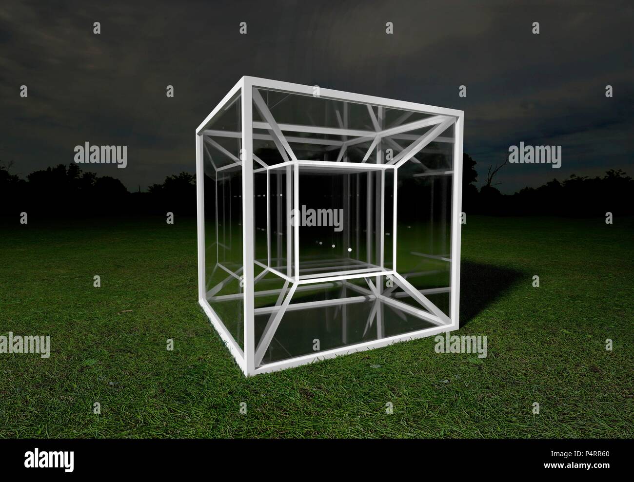 Model of a tesseract with glass panels creating internal reflections suggestive of multi-dimensional space. A tesseract is a 4-dimensional analogue of a cube,as a cube is a 3-dimensional analogue of a square. The model is a theoretical projection of a four dimensional cube onto three dimensional space,analogous to an image,drawing or shadow of a cube as a projection of a three dimensional cube onto a two dimensional space (plane,sheet of paper). Stock Photo