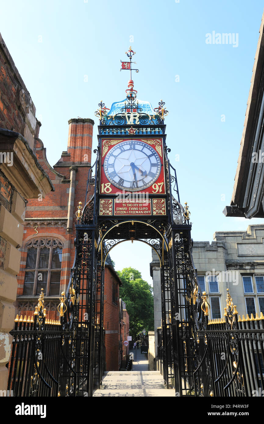 The much photographed and landmark Eastgate Clock, on the historical city wall in Chester, NW England, UK Stock Photo