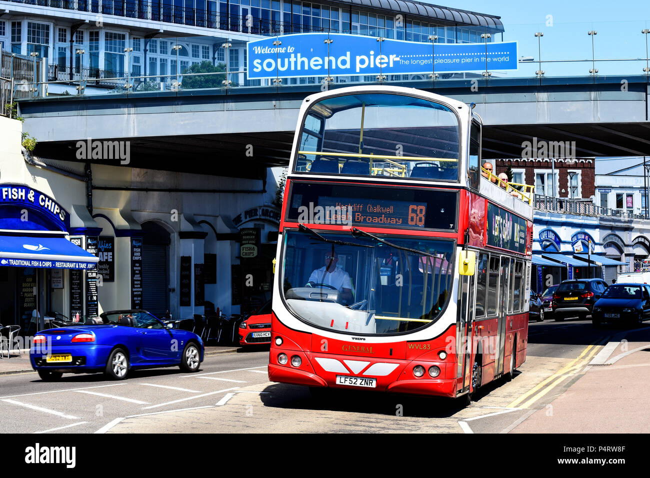 Open top bus, bus service, Southend on Sea, Essex. Go Ahead London route 68. Volvo General bus to Leigh Broadway, under Southend Pier Stock Photo
