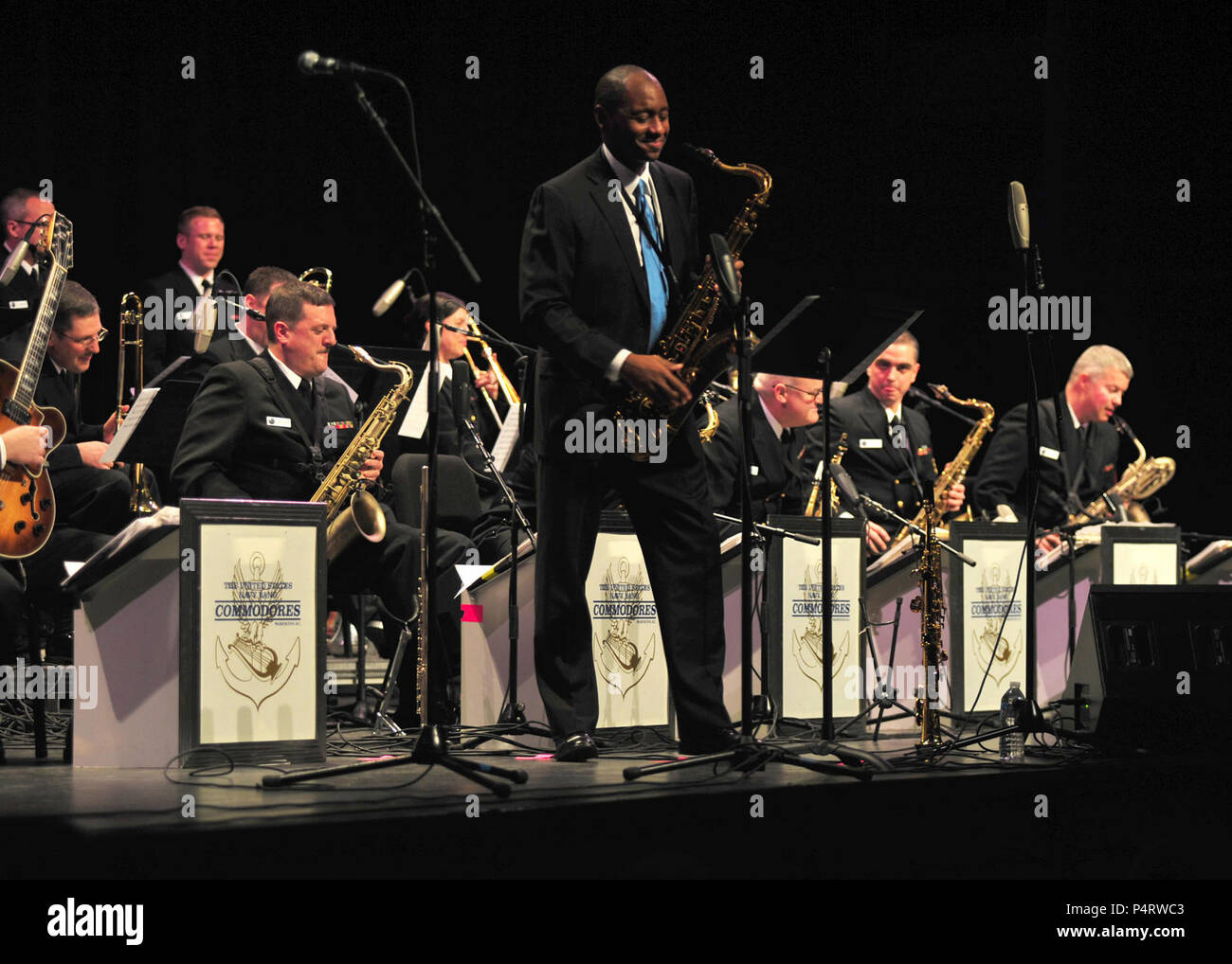 FAIRFAX, VA (January 8, 2011) –  Guest soloist Branford Marsalis performs with the U.S. Navy Band Commodores Jazz Ensemble at George Mason University’s Center for the Arts.  The concert was part of the Navy Band’s 34th annual International Saxophone Symposium – a two-day workshop of recitals, lectures & concerts.  Participants included college students, college faculty from around the world, beginning students and military band members. Stock Photo
