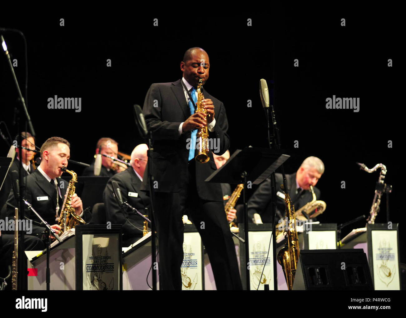 FAIRFAX, VA (January 8, 2011) –  Guest soloist Branford Marsalis performs with the U.S. Navy Band Commodores Jazz Ensemble at George Mason University’s Center for the Arts.  The concert was part of the Navy Band’s 34th annual International Saxophone Symposium – a two-day workshop of recitals, lectures & concerts.  Participants included college students, college faculty from around the world, beginning students and military band members. Stock Photo