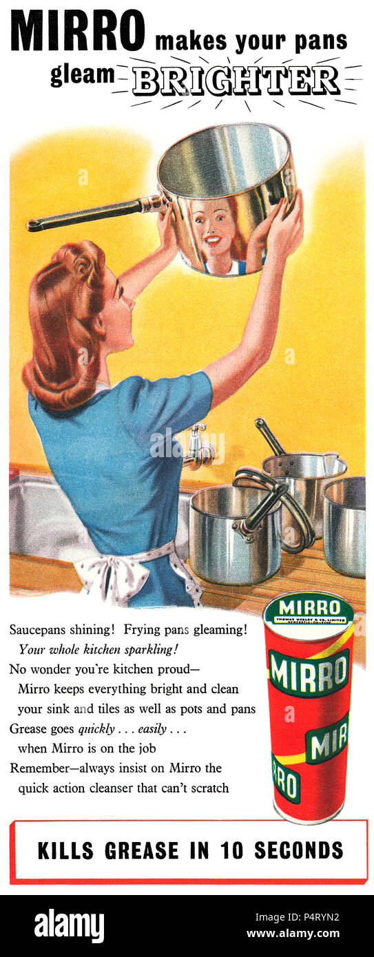 1949 British advertisement for Mirro household cleaner. Stock Photo