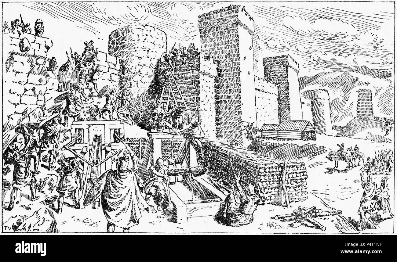 Engraving of a Roman siege against a Gallic fortress. From Caesar's Gallic War, 1916. Stock Photo