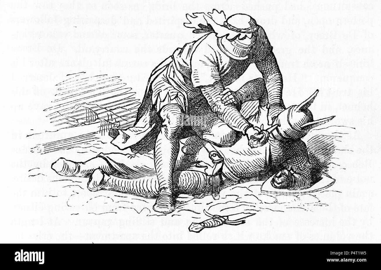 Engraving of a victorious knight giving his defeated foe the option of the dagger of mercy - a knife thrust through the eye hole of his helmet. From an illustrated copy of Ivanhoe, 1878 Stock Photo