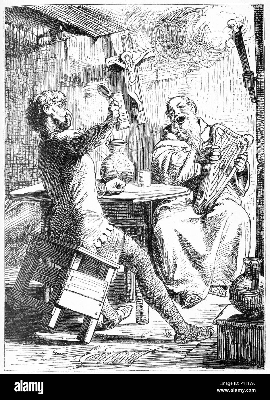 Engraving of two men singing and making merry in medieval England. From Ivanhoe Stock Photo