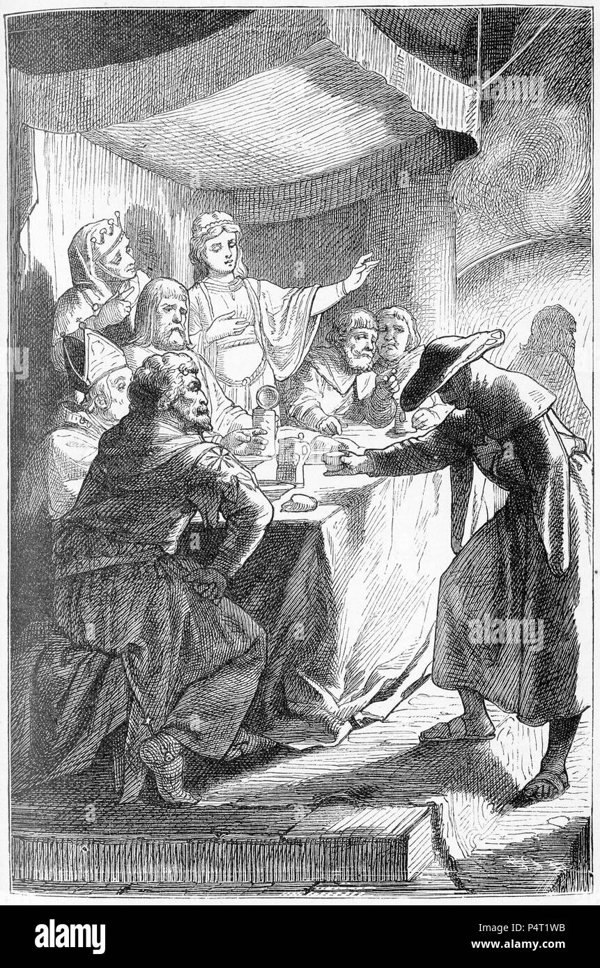 Engraving of a Roman Catholic pilgrim, or palmer, (at right) accepting hospitality in a Saxon castle. From an illustrated copy of Ivanoe, 1878. Stock Photo